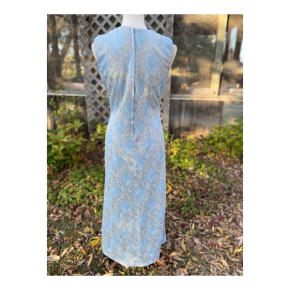 Vintage 50s Metallic Ice Blue Formal Gown Dress Maxi Silver Threads Cheongsam - Picture 7 of 14